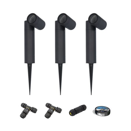 Set van 3 Pinero Dimbare LED prikspot - GU10 - Kantelbaar - Dimbaar - Tuinspot - Pinspot - IP65 Waterdicht - Zwart- Inclusief installatiemateriaal (Kabel & connector) | HOFTRONIC