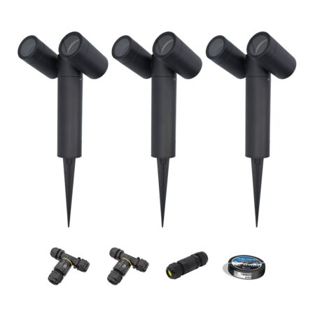 Set van 3 Pinero Dubbel LED prikspot - Kantelbaar - Dimbaar - GU10 - IP65 waterdicht - Zwart - Tuinspot - Pinspot - Inclusief installatiemateriaal (Kabel & connector) | HOFTRONIC