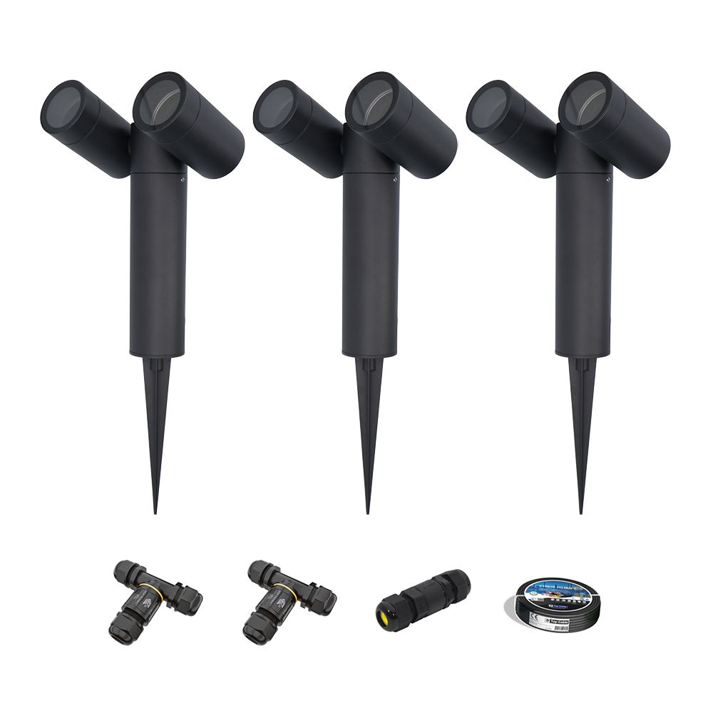 Set van 3 Pinero Dubbel LED prikspot - Kantelbaar - Dimbaar - GU10 - IP65 waterdicht - Zwart - Tuinspot - Pinspot - Inclusief installatiemateriaal (Kabel & connector) | HOFTRONIC