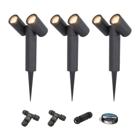 Set van 3 Pinero Dubbel LED prikspots - GU10 8W 690lm - Dimbaar - Kantelbaar - 2700K - IP65 - Zwart - Inclusief installatiemateriaal (Kabel & connector) | HOFTRONIC