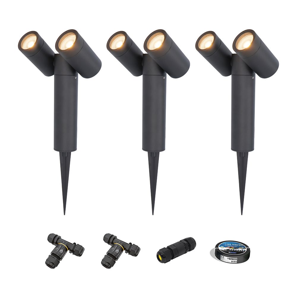 Set van 3 Pinero Dubbel LED prikspots - GU10 8W 690lm - Dimbaar - Kantelbaar - 2700K - IP65 - Zwart - Inclusief installatiemateriaal (Kabel & connector) | HOFTRONIC