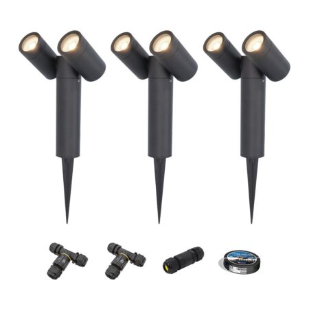 Set van 3 Pinero Dubbel LED prikspots - GU10 8W 690lm - Dimbaar - Kantelbaar - GU10 - 4000K - IP64 - Zwart - Inclusief installatiemateriaal (Kabel & connector) | HOFTRONIC