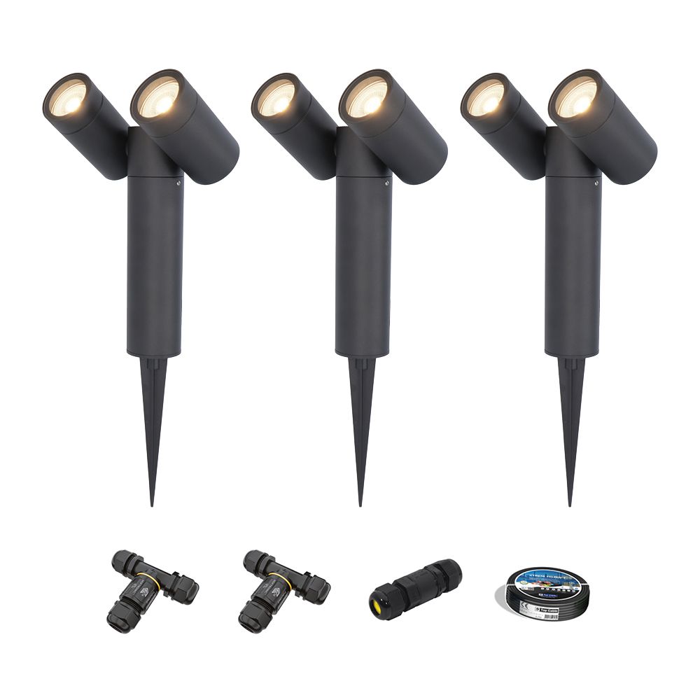 Set van 3 Pinero Dubbel LED prikspots - GU10 8W 690lm - Dimbaar - Kantelbaar - GU10 - 4000K - IP64 - Zwart - Inclusief installatiemateriaal (Kabel & connector) | HOFTRONIC