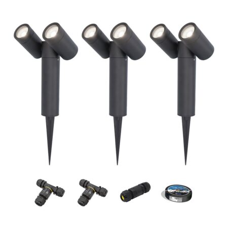 Set van 3 Pinero Dubbel LED prikspots - GU10 8W 690lm - Dimbaar - Kantelbaar - GU10 - 6500K - IP64 - Zwart - Inclusief installatiemateriaal (Kabel & connector) | HOFTRONIC