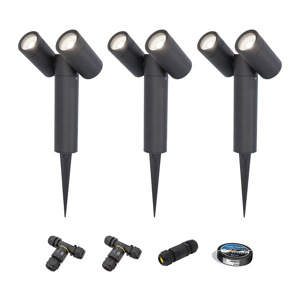 Set van 3 Pinero Dubbel LED prikspots - GU10 8W 690lm - Dimbaar - Kantelbaar - GU10 - 6500K - IP64 - Zwart - Inclusief installatiemateriaal (Kabel & connector) | HOFTRONIC