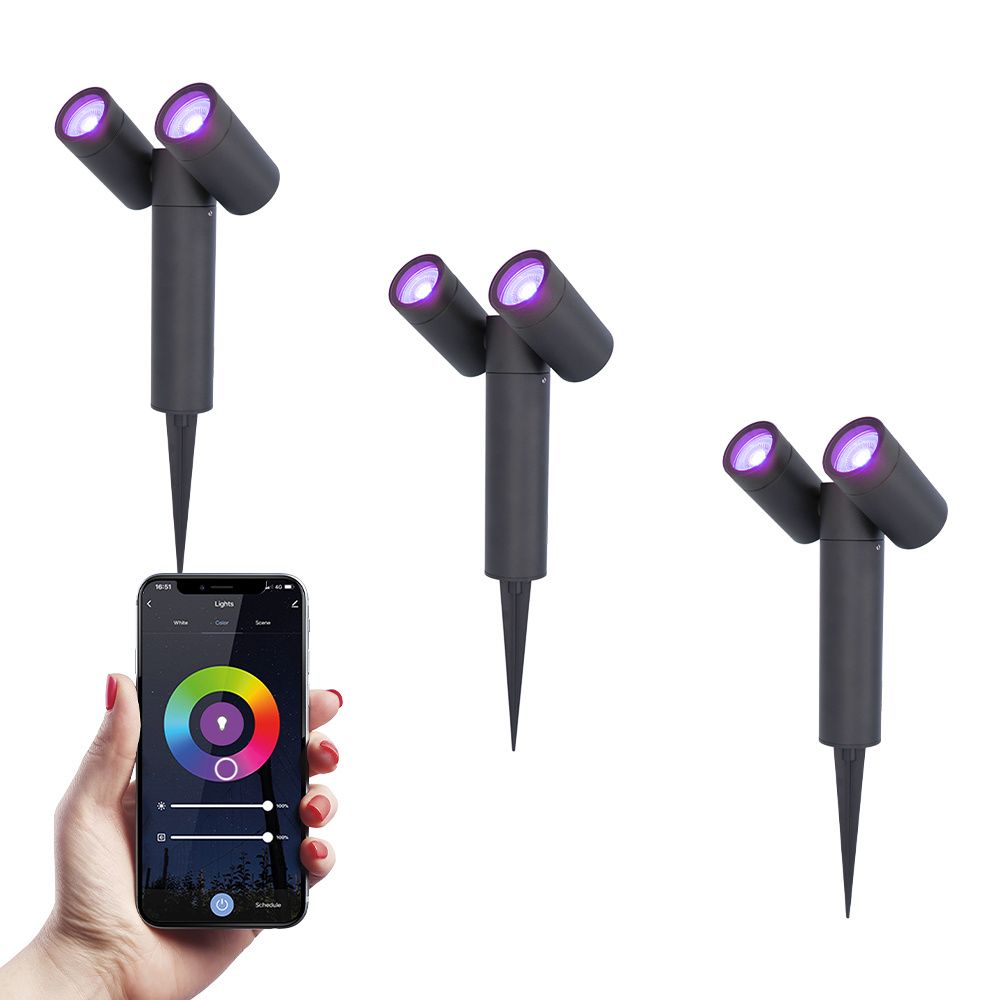 Set van 3 Pinero - Dubel Smart LED Prikspot - IP65 waterdicht - 11 Watt 690 Lumen - RGBWW - GU10 - Wifi + Bluetooth - IP65 Waterdicht - Bestuurbaar via app - Google Home