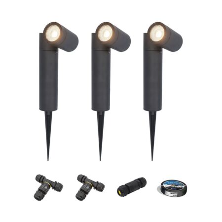 Set van 3 Pinero LED prikspots - GU10 4W 345lm - Dimbaar - Kantelbaar - 4000K - IP64 - Zwart - Tuinspot - Inclusief installatiemateriaal (Kabel & connector) | HOFTRONIC