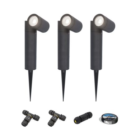 Set van 3 Pinero LED prikspots - GU10 4W 345lm - Dimbaar - Kantelbaar - 6500K - IP64 - Zwart - Tuinspot - Inclusief installatiemateriaal (Kabel & connector) | HOFTRONIC