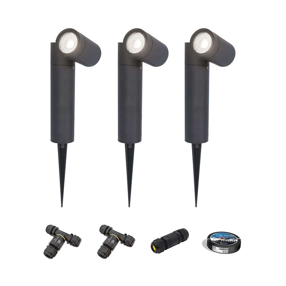 Set van 3 Pinero LED prikspots - GU10 4W 345lm - Dimbaar - Kantelbaar - 6500K - IP64 - Zwart - Tuinspot - Inclusief installatiemateriaal (Kabel & connector) | HOFTRONIC