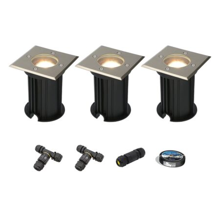 Set van 3 Ramsay LED Grondspot - Dimbaar - Vierkant - GU10 - 4W 345lm - 4000K neutraal wit - RVS - IP67 waterdicht - Tuinspot - Oprit - Inclusief installatiemateriaal (Kabel & connector) | HOFTRONIC