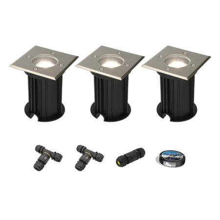 Set van 3 Ramsay LED Grondspot - Dimbaar - Vierkant - GU10 - 4W 345lm - 6500K daglicht wit - RVS - IP67 waterdicht - Tuinspot - Oprit - Inclusief installatiemateriaal (Kabel & connector) | HOFTRONIC