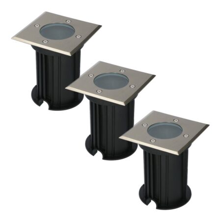 Set van 3 Ramsay LED Grondspots - Vierkant - RVS - GU10 fitting - Excl. lichtbron - IP67 waterdicht - Tuinspot - Oprit | HOFTRONIC