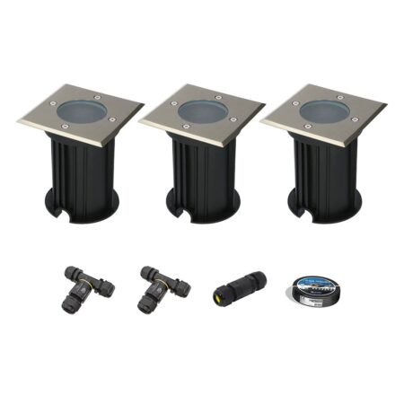 Set van 3 Ramsay LED Grondspots - Vierkant - RVS - GU10 fitting - Excl. lichtbron - IP67 waterdicht - Tuinspot - Oprit - Inclusief installatiemateriaal (Kabel & connector) | HOFTRONIC