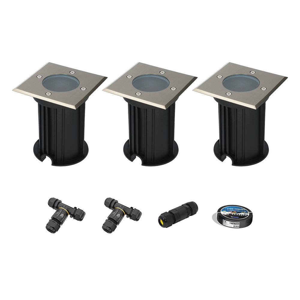 Set van 3 Ramsay LED Grondspots - Vierkant - RVS - GU10 fitting - Excl. lichtbron - IP67 waterdicht - Tuinspot - Oprit - Inclusief installatiemateriaal (Kabel & connector) | HOFTRONIC