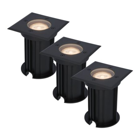 Set van 3 Ramsay LED Grondspots vierkant - Dimbaar - GU10 - 2700K warm wit - 4 Watt 345 lumen - Tuinspot - Zwart - IP67 waterdicht - Overrijdbaar voor de Oprit