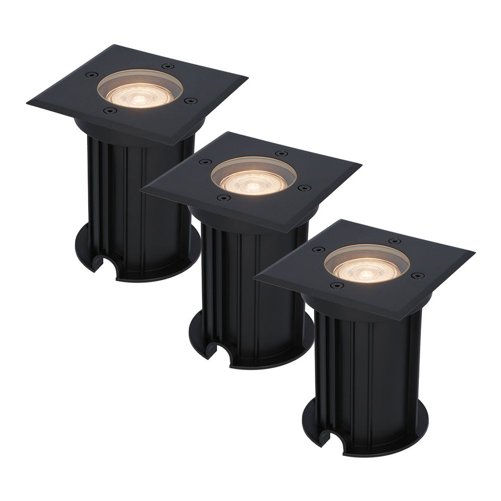 Set van 3 Ramsay LED Grondspots vierkant - Dimbaar - GU10 - 2700K warm wit - 4 Watt 345 lumen - Tuinspot - Zwart - IP67 waterdicht - Overrijdbaar voor de Oprit