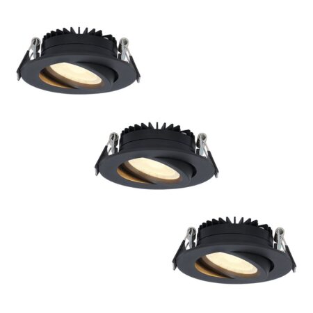 Set van 3 Rome LED inbouwspots - Kantelbaar - IP44 waterdicht - 6 Watt 500 lumen - 2700K warm wit - Lage inbouwdiepte 27mm - Dimbaar - Rond - Zwart - Voor binnen en buiten | HOFTRONIC