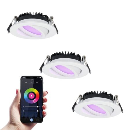 Set van 3 Rome smart inbouwspots - IP44 Waterdicht - 6 Watt 480 lumen - Kantelbaar - Lage inbouwdiepte 27mm - Wifi + Bluetooth - RGBWW - Google Home