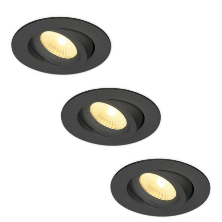 Set van 3 Salerno LED inbouwspots - 8W 650 lumen - 2700K warm wit - Dimbaar - Rond - Kantelbaar - IP44 waterdicht - Zwart - Voor binnen