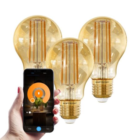 Set van 3 Smart E27 LED Filament Lamp - 7 Watt 806 lumen - A60 Amberkleurig glas - 1800-3000K Dimbaar | HOFTRONIC