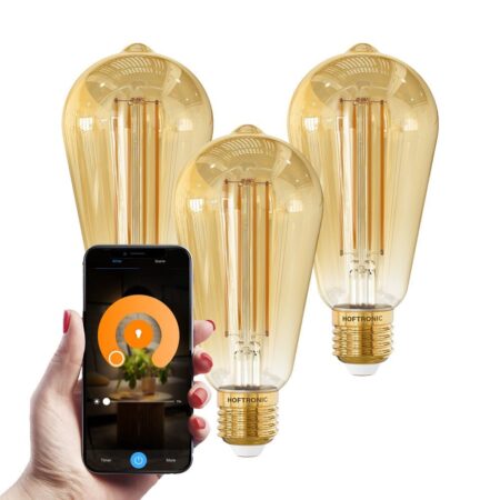 Set van 3 Smart E27 LED Filament Lampen - 7 Watt 806 lumen - ST64 Amberkleurig glas - 1800-3000K Dimbaar - Edison lamp | HOFTRONIC