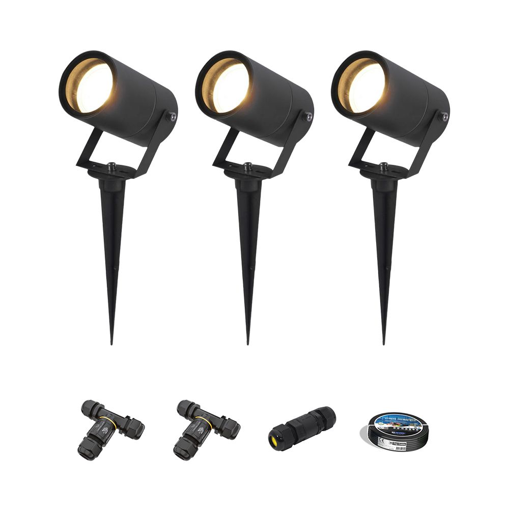 Set van 3 Spikey LED prikspot - GU10 4 Watt 345 lumen - Dimbaar - Kantelbaar - 2700K warm wit - IP65 Waterdicht - Zwart - Tuinspot - Pinspot - Inclusief installatiemateriaal (Kabel & connector) | HOFTRONIC