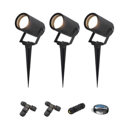 Set van 3 Spikey LED prikspots - GU10 4 Watt 345 Lumen - Dimbaar - Kantelbaar - 4000K neutraal wit - IP65 Waterdicht - Zwart - Tuinspots - Pinspots - Inclusief installatiemateriaal (Kabel & connector) | HOFTRONIC