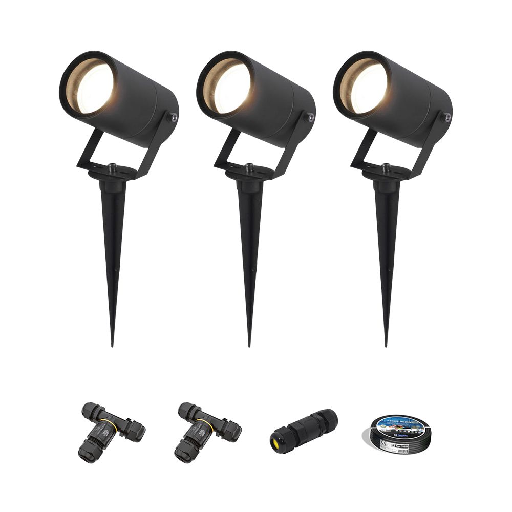 Set van 3 Spikey LED prikspots - GU10 4 Watt 345 Lumen - Dimbaar - Kantelbaar - 4000K neutraal wit - IP65 Waterdicht - Zwart - Tuinspots - Pinspots - Inclusief installatiemateriaal (Kabel & connector) | HOFTRONIC