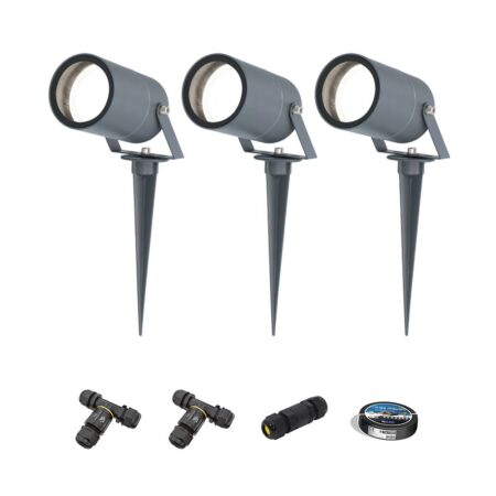 Set van 3 Spikey LED prikspots - GU10 4 Watt 345 Lumen - Dimbaar - Kantelbaar - 6500K daglicht wit - IP64 Waterdicht - Antraciet - Tuinspots - Pinspots - Inclusief installatiemateriaal (Kabel & connector) | HOFTRONIC