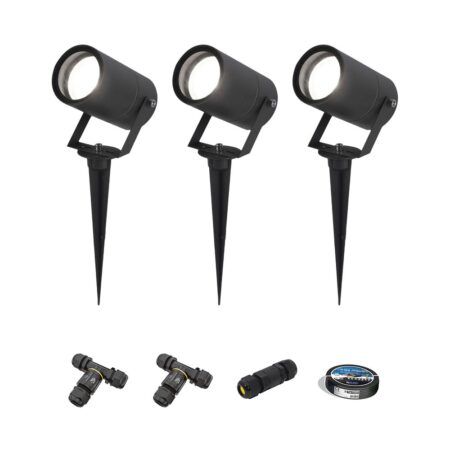 Set van 3 Spikey LED prikspots - GU10 4 Watt 345 Lumen - Dimbaar - Kantelbaar - 6500K daglicht wit - IP64 Waterdicht - Zwart - Tuinspots - Pinspots - Inclusief installatiemateriaal (Kabel & connector) | HOFTRONIC