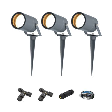 Set van 3 Spikey LED prikspots - GU10 4 Watt 345 lumen - Dimbaar - Kantelbaar - 2700K warm wit - IP65 Waterdicht - Antraciet - Tuinspots - Pinspots - Inclusief installatiemateriaal (Kabel & connector) | HOFTRONIC