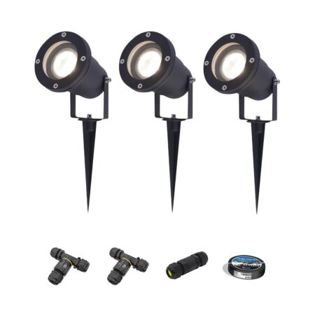 Set van 3 Sydney LED prikspots - Dimbaar - Kantelbaar - GU10 4 Watt 345 Lumen - 4000K neutraal wit - IP64 Waterdicht - Zwart - Inclusief installatiemateriaal (Kabel & connector) | HOFTRONIC