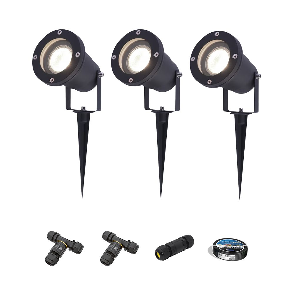 Set van 3 Sydney LED prikspots - Dimbaar - Kantelbaar - GU10 4 Watt 345 Lumen - 4000K neutraal wit - IP64 Waterdicht - Zwart - Inclusief installatiemateriaal (Kabel & connector) | HOFTRONIC
