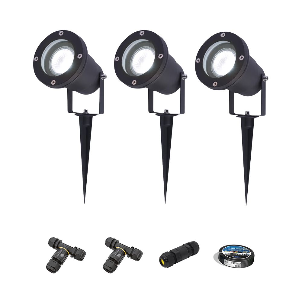 Set van 3 Sydney LED prikspots - Dimbaar - Kantelbaar - GU10 4 Watt 345 Lumen - 6500K daglicht wit - IP64 Waterdicht - Zwart - Inclusief installatiemateriaal (Kabel & connector) | HOFTRONIC