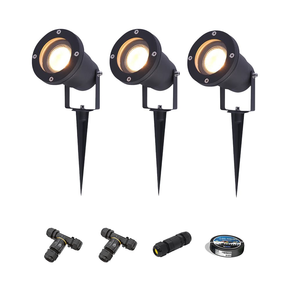Set van 3 Sydney LED prikspots - Dimbaar - Kantelbaar - GU10 4 Watt 345 lumen - 2700K warm wit - IP65 Waterdicht - Zwart - Inclusief installatiemateriaal (Kabel & connector) | HOFTRONIC