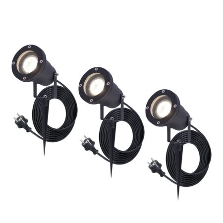 Set van 3 Sydney LED prikspots - GU10 4 Watt 345 Lumen - Dimbaar - Kantelbaar - 4000K neutraal wit - IP64 Waterdicht - 1.5m kabel met EU-stekker - Zwart | HOFTRONIC