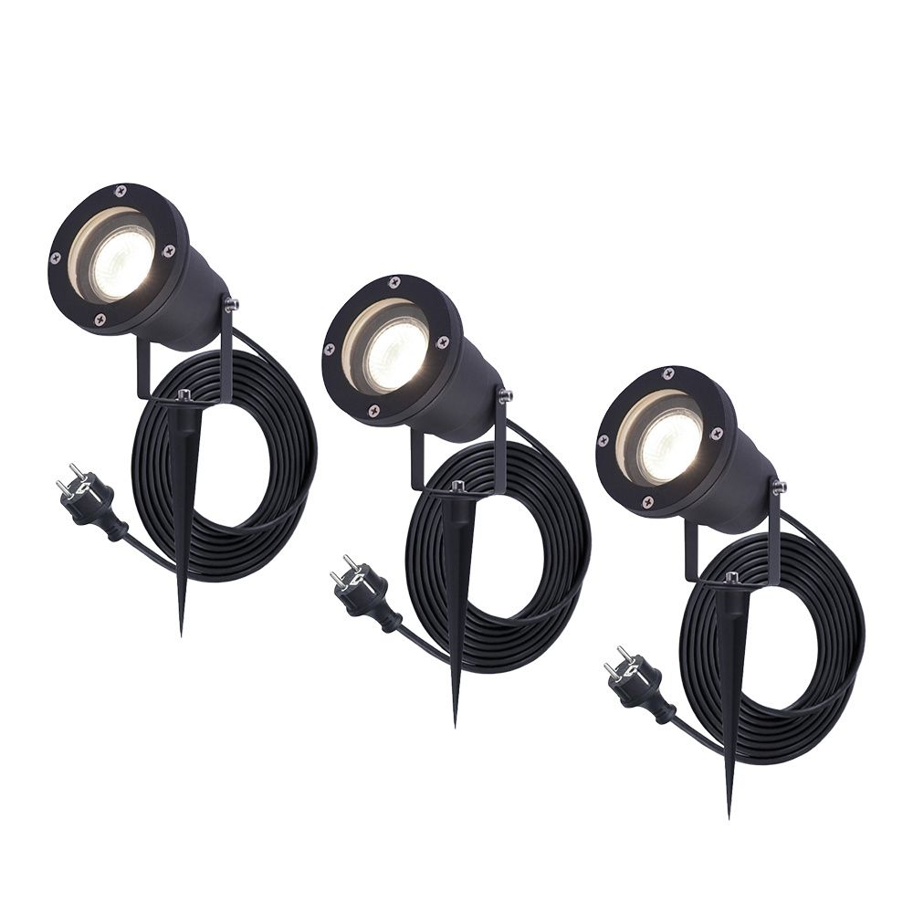 Set van 3 Sydney LED prikspots - GU10 4 Watt 345 Lumen - Dimbaar - Kantelbaar - 4000K neutraal wit - IP64 Waterdicht - 1.5m kabel met EU-stekker - Zwart | HOFTRONIC
