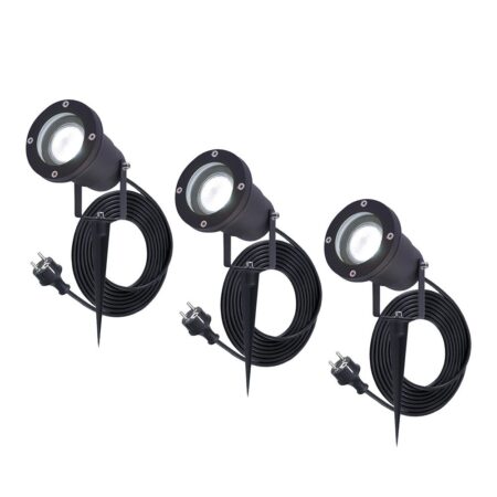 Set van 3 Sydney LED prikspots - GU10 4 Watt 345 Lumen - Dimbaar - Kantelbaar - 6500K daglicht wit - IP64 Waterdicht - 1.5m kabel met EU-stekker - Zwart | HOFTRONIC