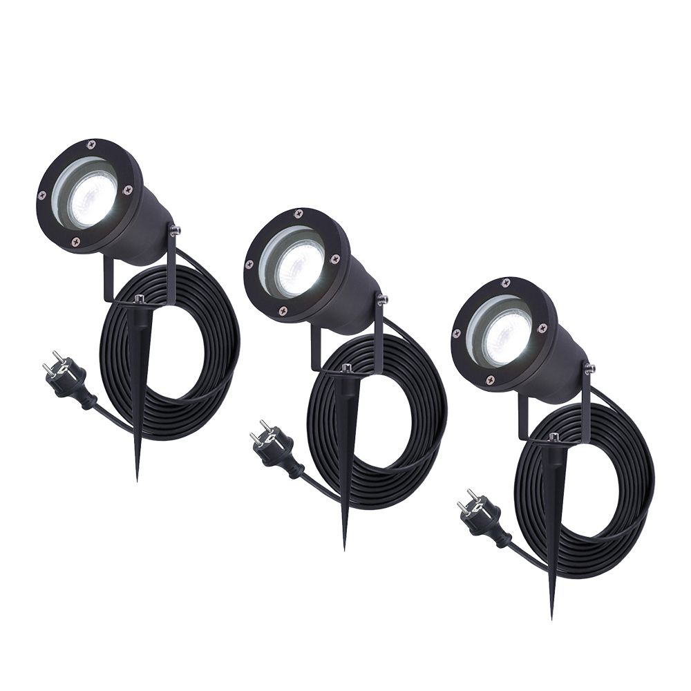 Set van 3 Sydney LED prikspots - GU10 4 Watt 345 Lumen - Dimbaar - Kantelbaar - 6500K daglicht wit - IP64 Waterdicht - 1.5m kabel met EU-stekker - Zwart | HOFTRONIC