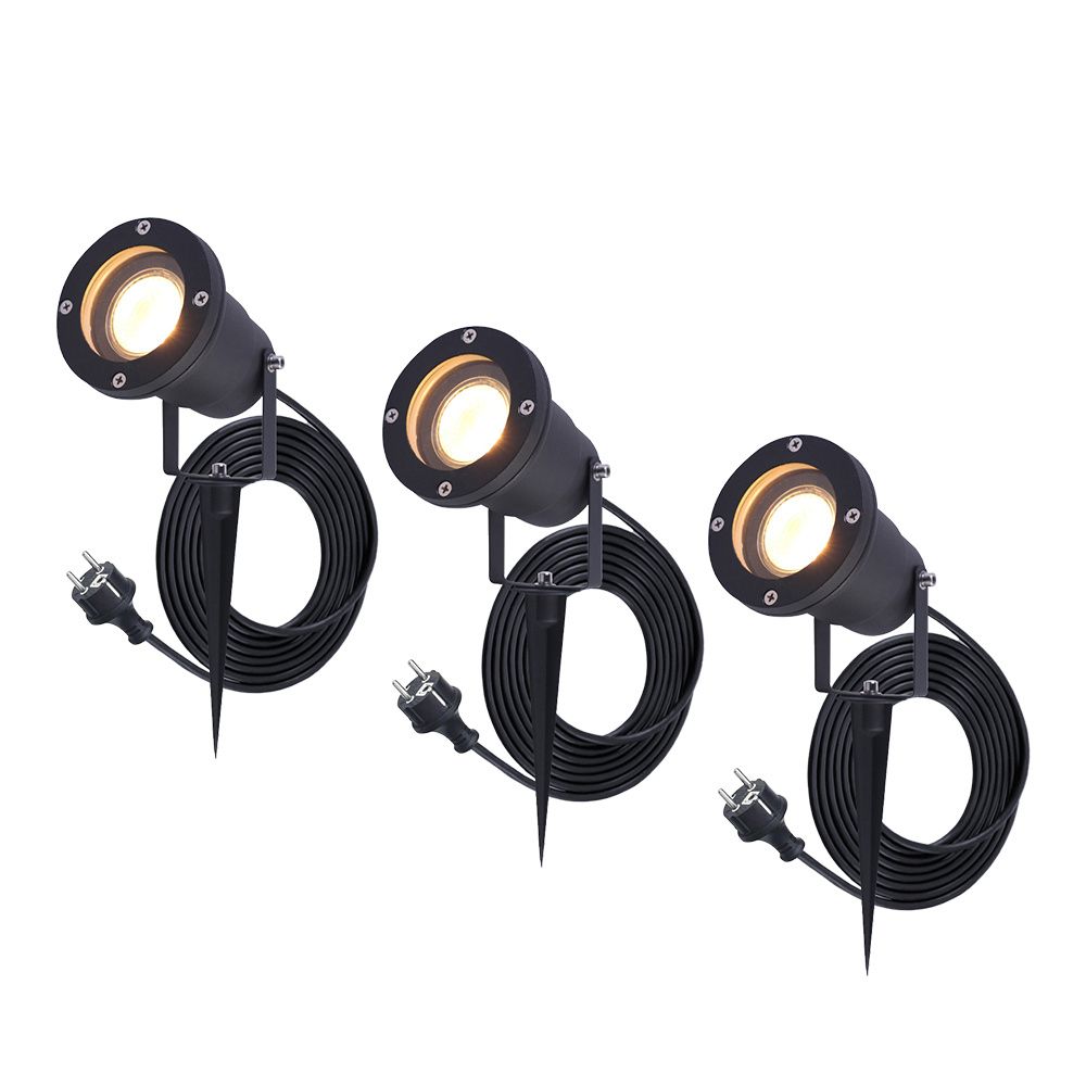 Set van 3 Sydney LED prikspots - GU10 4 Watt 345 lumen - Dimbaar - Kantelbaar - 2700K warm wit - IP65 Waterdicht - 1.5m kabel met EU-stekker - Zwart | HOFTRONIC