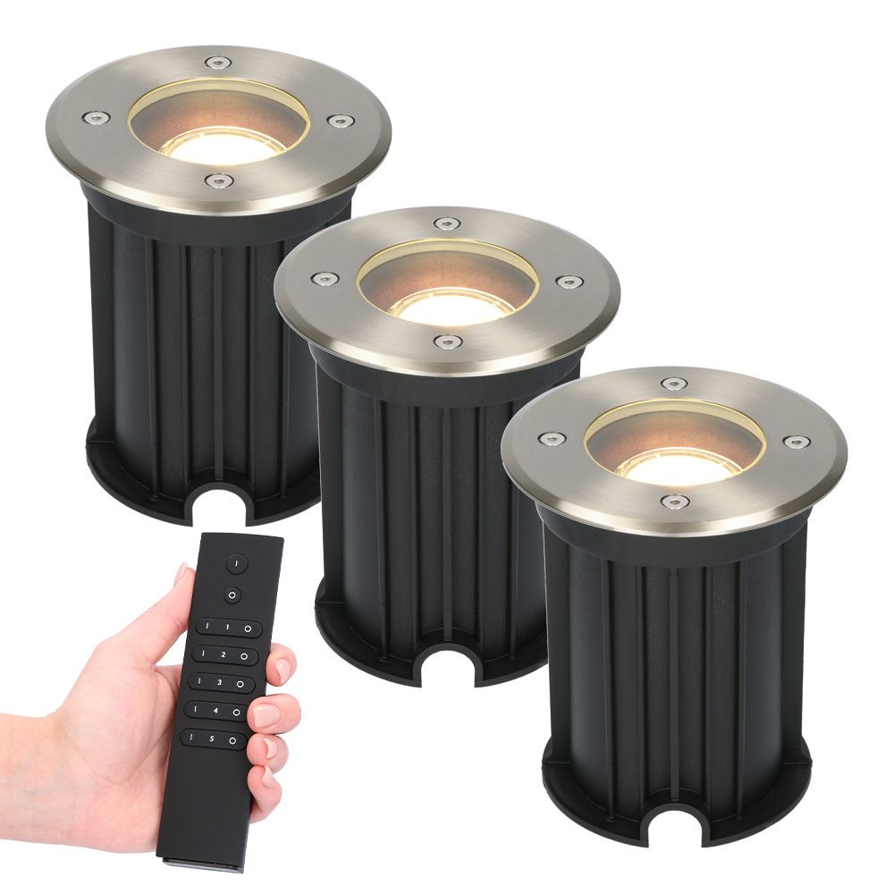 Set van 3 dimbare LED grondspot Maisy - rond - RVS - 4 Watt 345 lumen - 2700K warm wit - IP65 Waterdicht - Incl. dimmer met afstandsbediening | HOFTRONIC