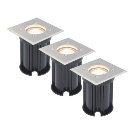 Set van 3 grondspots - RVS - vierkant - 2700K warm wit - GU10 fitting - IP65 Waterdicht - 3 jaar garantie - dimbaar - tuinverlichting | HOFTRONIC