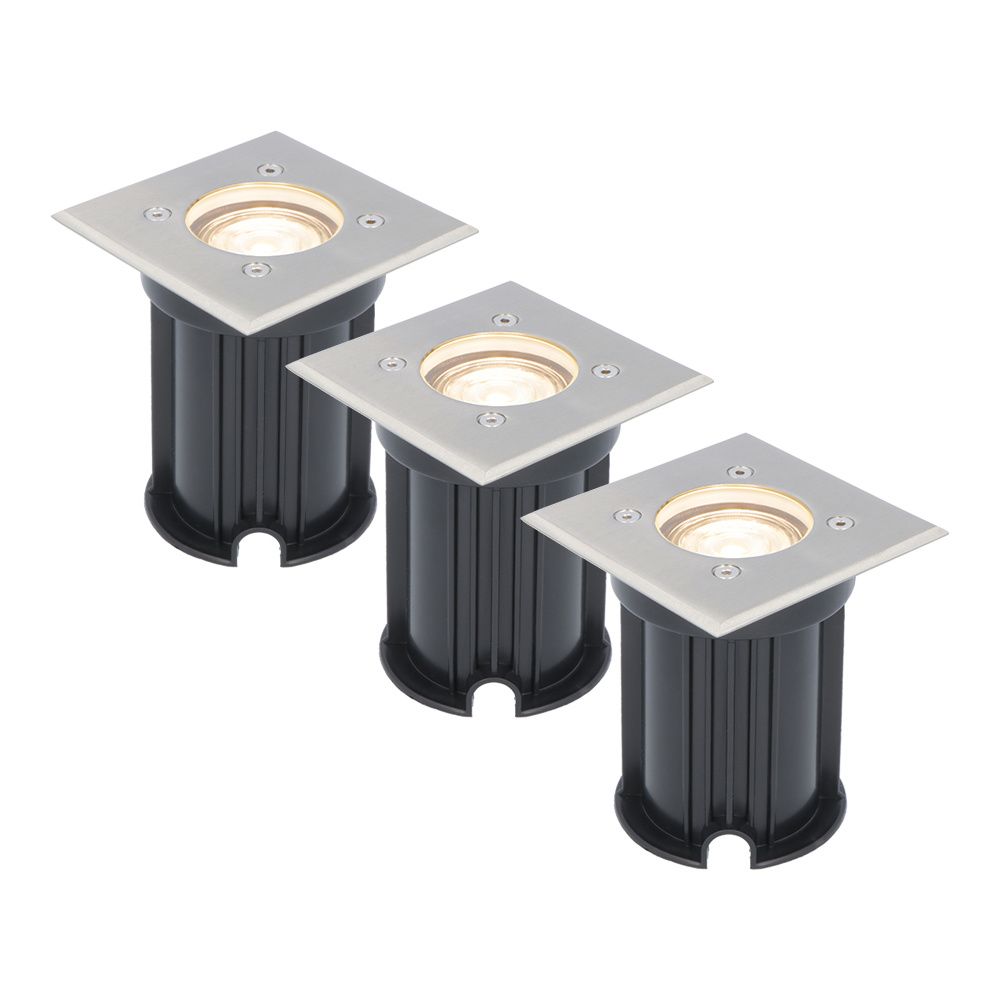 Set van 3 grondspots - RVS - vierkant - 2700K warm wit - GU10 fitting - IP65 Waterdicht - 3 jaar garantie - dimbaar - tuinverlichting | HOFTRONIC