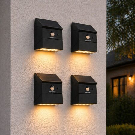 Set van 4 Cubos Solar LED Wandlampen met bewegingssensor - 2.5W 300lm - 2700K/4000K/6000K warm wit/neutraal wit/daglicht wit - Kantelbare lichthoek - Kantelbaar zonnepaneel - IP65 waterdicht - Zwart - Downlight | HOFTRONIC