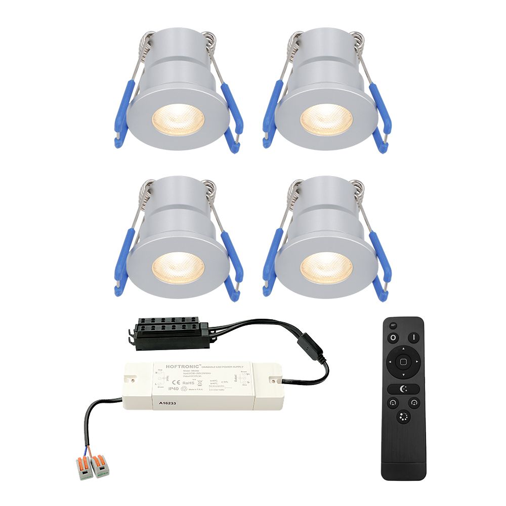 Set van 4 Milano LED Mini Inbouwspots met trafo - 12 Volt 3 Watt 200 lumen - Dimbaar - Plat 34mm - 2700K - IP65 waterdicht - Grijs - Veranda Spotjes - Overkapping Spotjes | HOFTRONIC