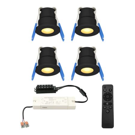 Set van 4 Milano LED Mini Inbouwspots met trafo - 12 Volt 3 Watt 200 lumen - Dimbaar - Plat 34mm - 2700K - IP65 waterdicht - Zwart - Veranda Spotjes - Overkapping Spotjes | HOFTRONIC