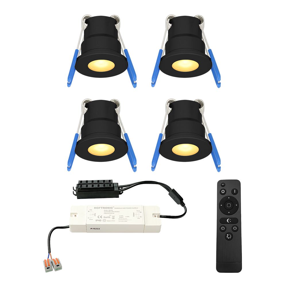 Set van 4 Milano LED Mini Inbouwspots met trafo - 12 Volt 3 Watt 200 lumen - Dimbaar - Plat 34mm - 2700K - IP65 waterdicht - Zwart - Veranda Spotjes - Overkapping Spotjes | HOFTRONIC
