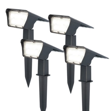 Set van 4 Odessa solar prikspots - Incl. Schemerschakelaar - 6000K daglicht wit - 2 lichtstanden - 300 lumen - 6-12 uur brandtijd - Kantelbaar - IP65 waterdicht | HOFTRONIC