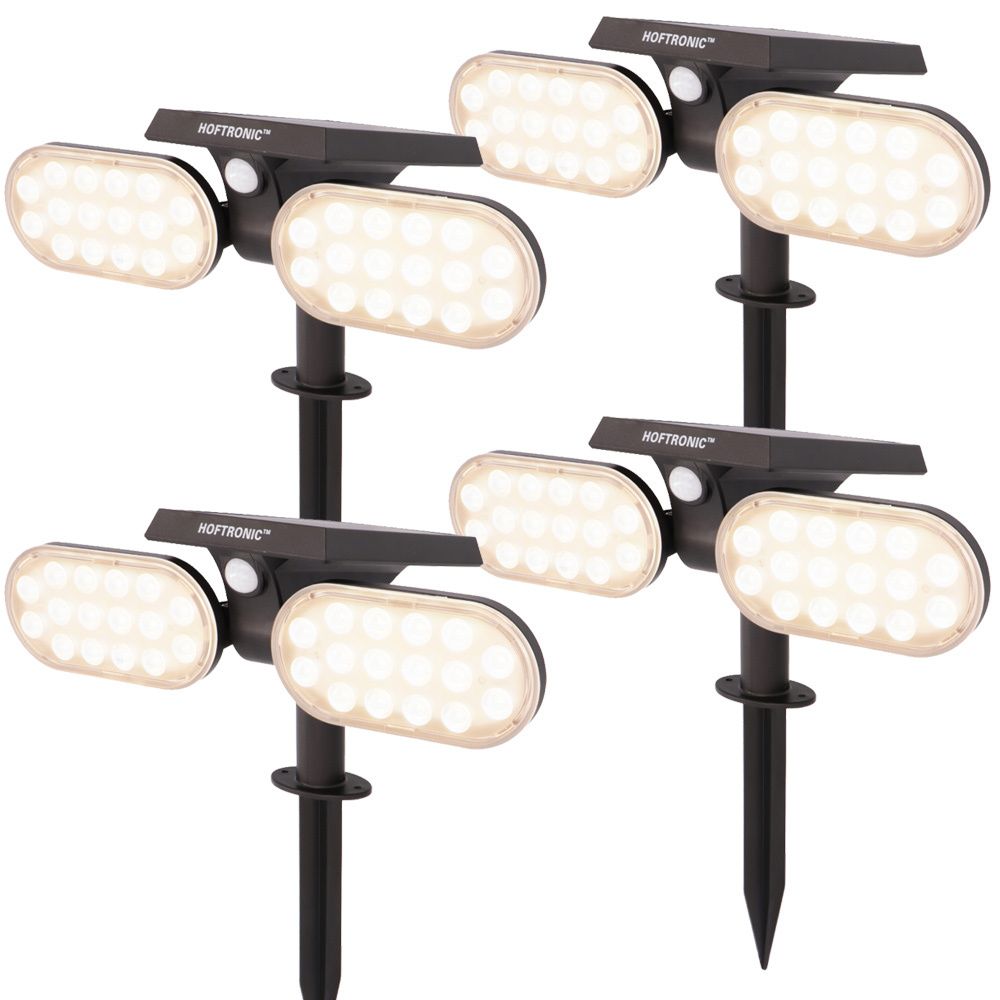 Set van 4 Pato - Solar prikspot - Bewegingssensor en schemerschakelaar - PIR - 3000K Warm wit - 2 lichtstanden - 300 Lumen - 6-12 uur brandtijd - IP65 waterdicht - Tuinspot | HOFTRONIC