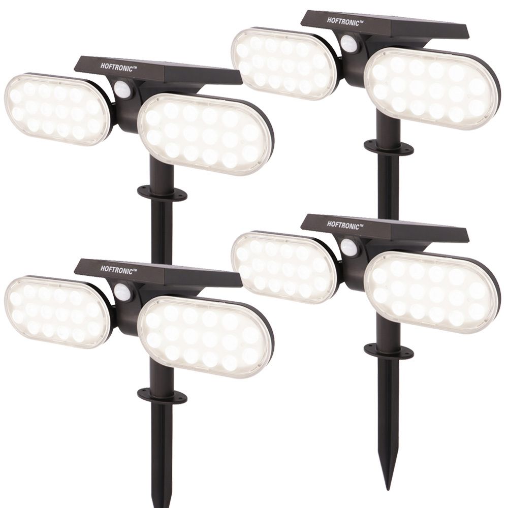 Set van 4 Pato - Solar prikspot - Bewegingssensor en schemerschakelaar - PIR - 6000K Daglicht wit - 2 lichtstanden - 300 Lumen - 6-12 uur brandtijd - IP65 waterdicht - Tuinspot | HOFTRONIC